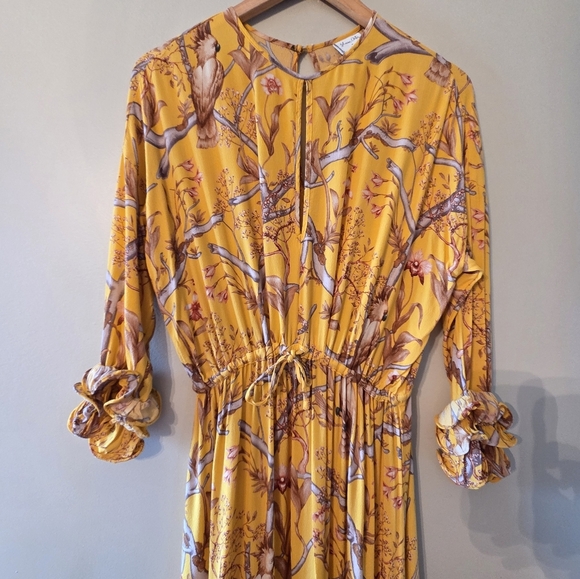 H&M Johanna Ortiz Women's Yellow Floral Boho Frill Long Midi Crepe Dress Size XS - Picture 9 of 16